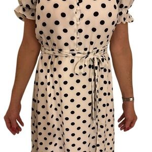 Polka Dot Midi Dress White Black Tie Waist Button Front Ruffle‎ Hem